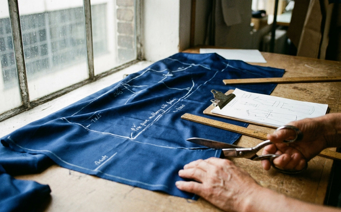 Atelier editorial illustration with fabric and pattern sketches