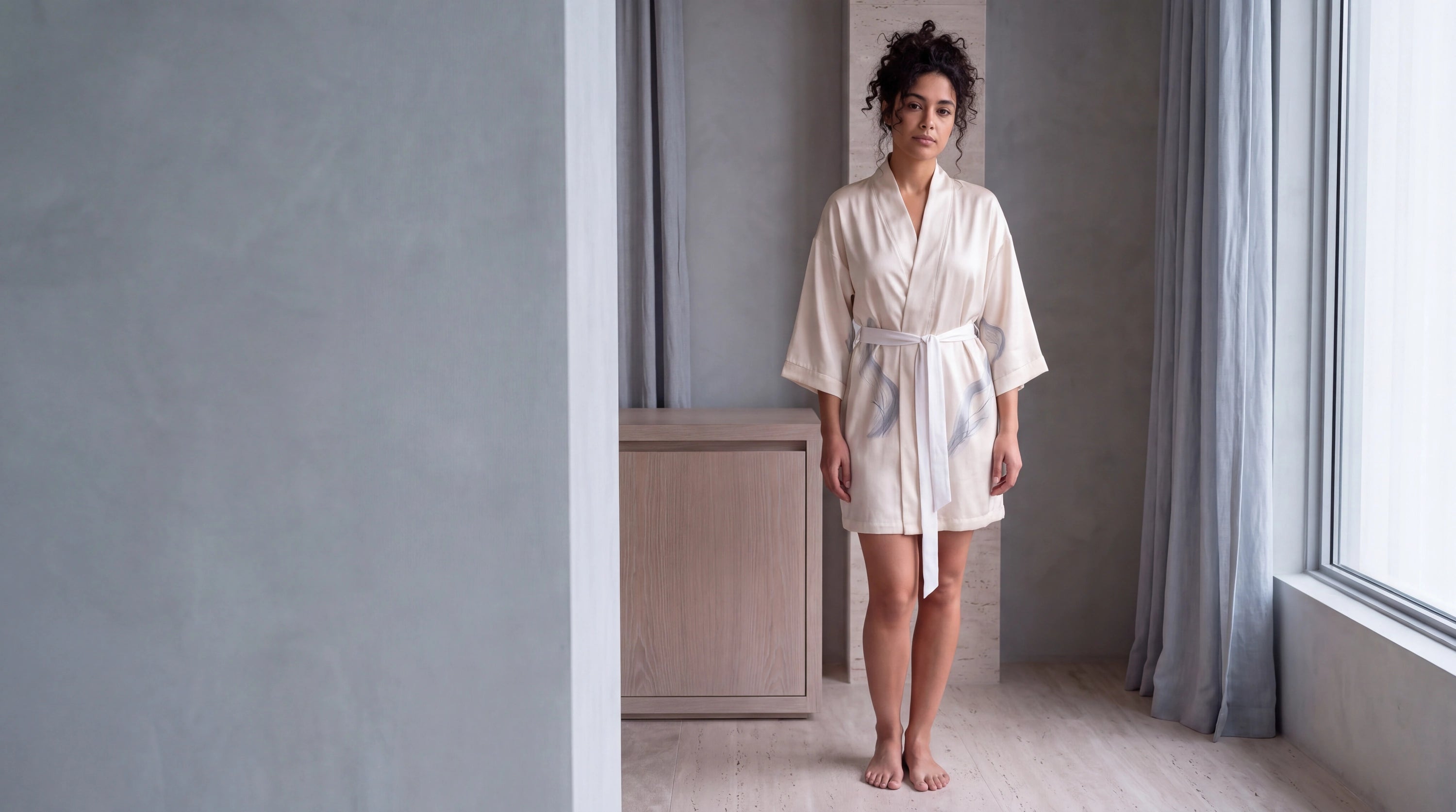 Brume de Nacre silk kimono, front view, mist-blue botanical strokes on pearl ivory silk