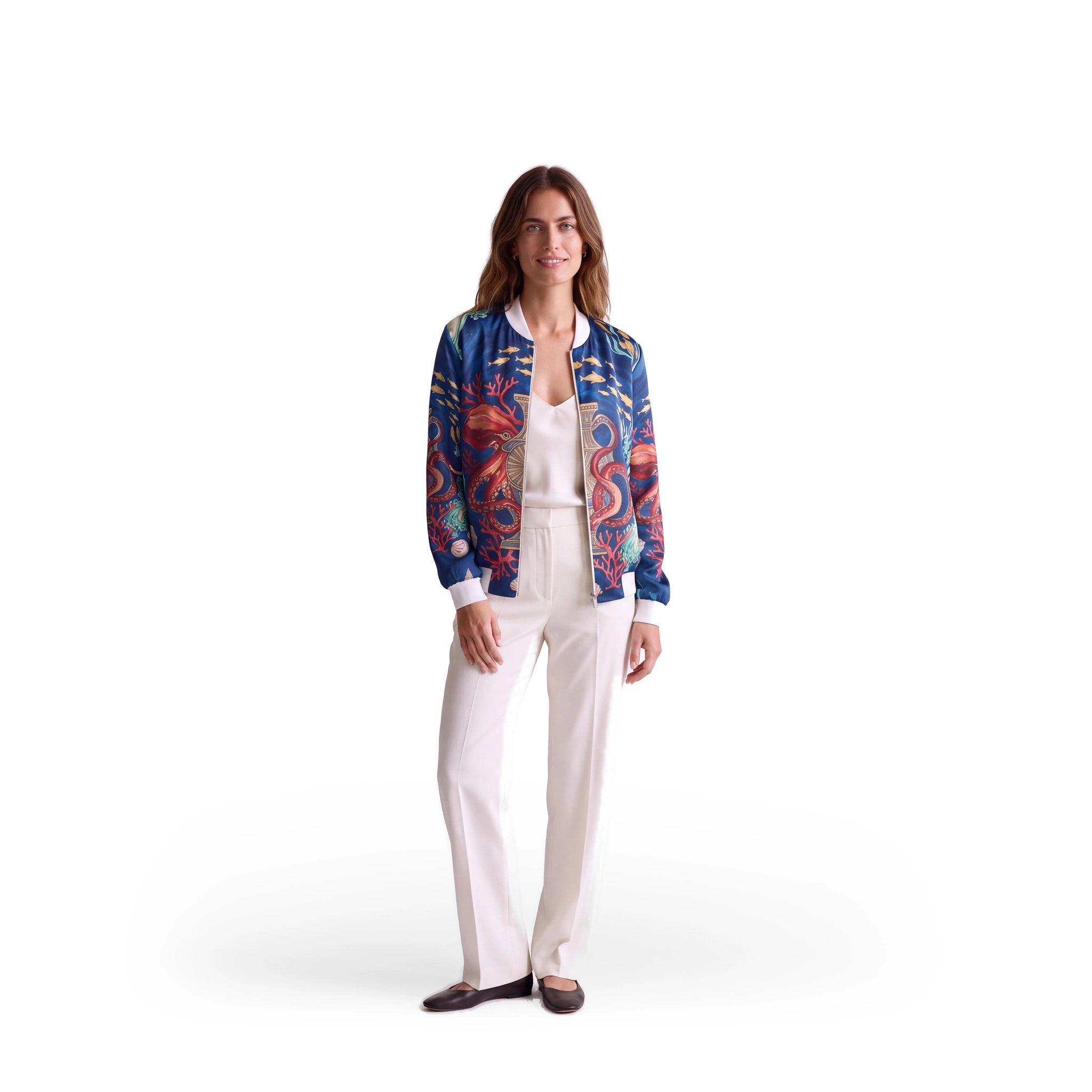 Atlantide Submersible reversible silk bomber jacket, outer front view, coral-red octopus and golden amphora on ocean blue