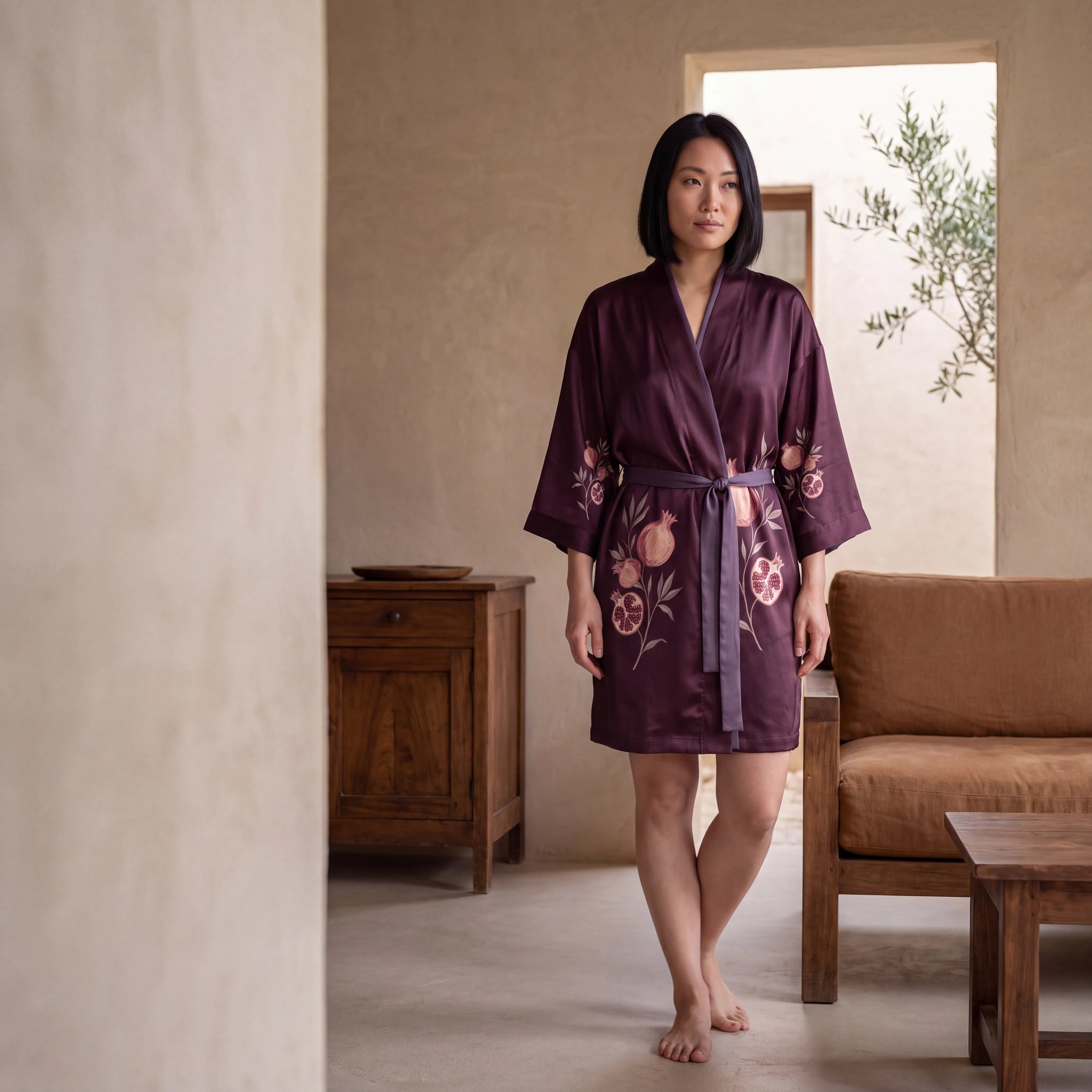 Verger de Grenat silk kimono, front view, blush pomegranates and leaves on garnet silk