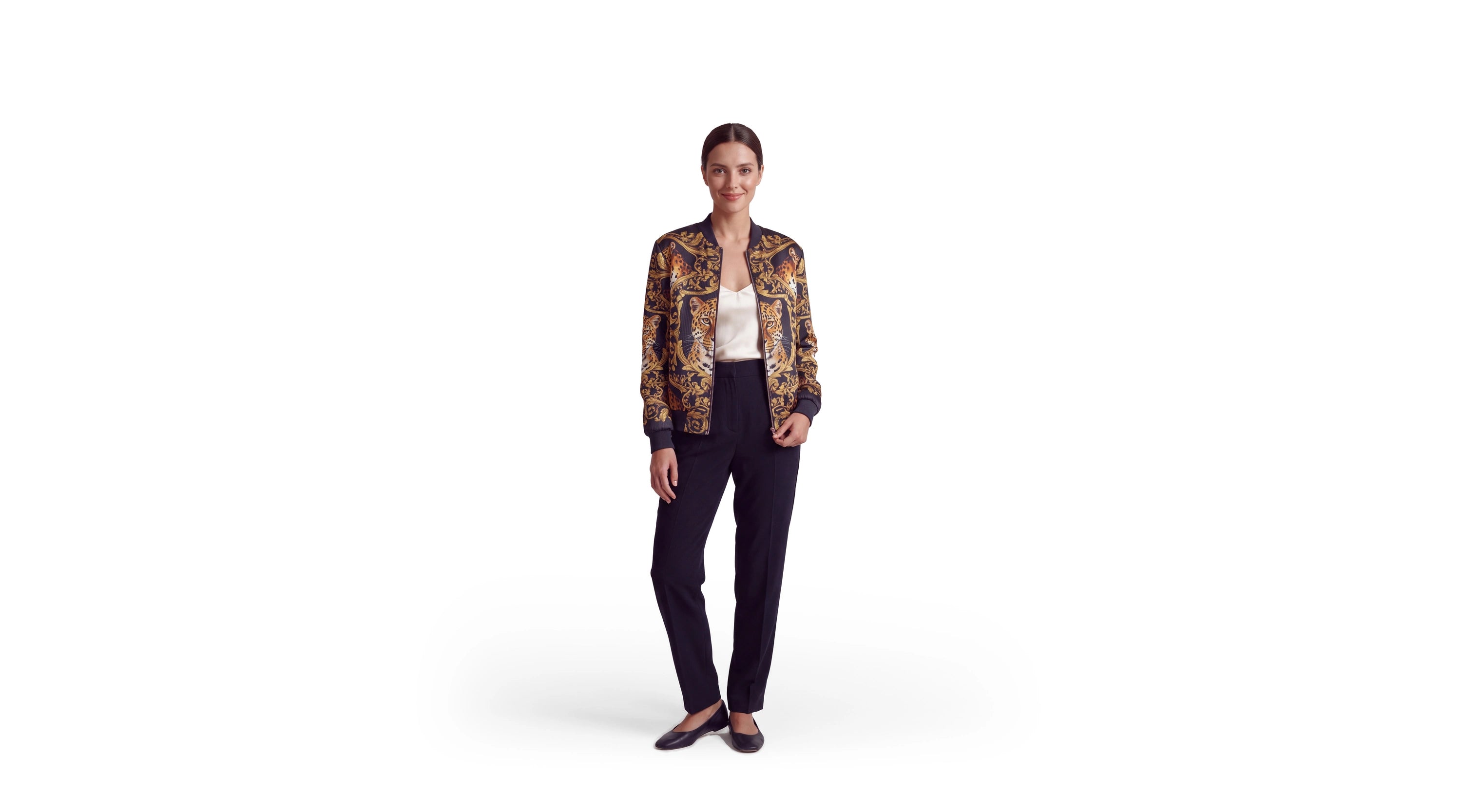 Ordre du Leopard reversible silk bomber jacket, outer front view, leopard portraits and antique-gold scrollwork on charcoal