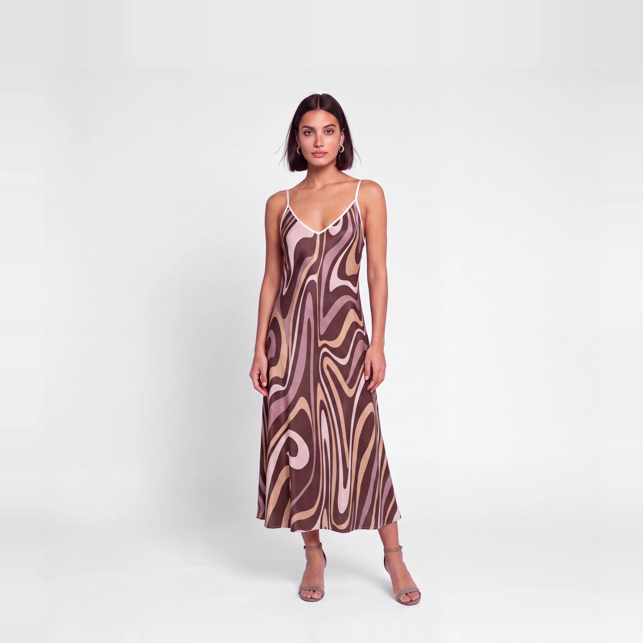 Ondes de Soie silk slip dress in chocolate, cream and blush swirls, front view