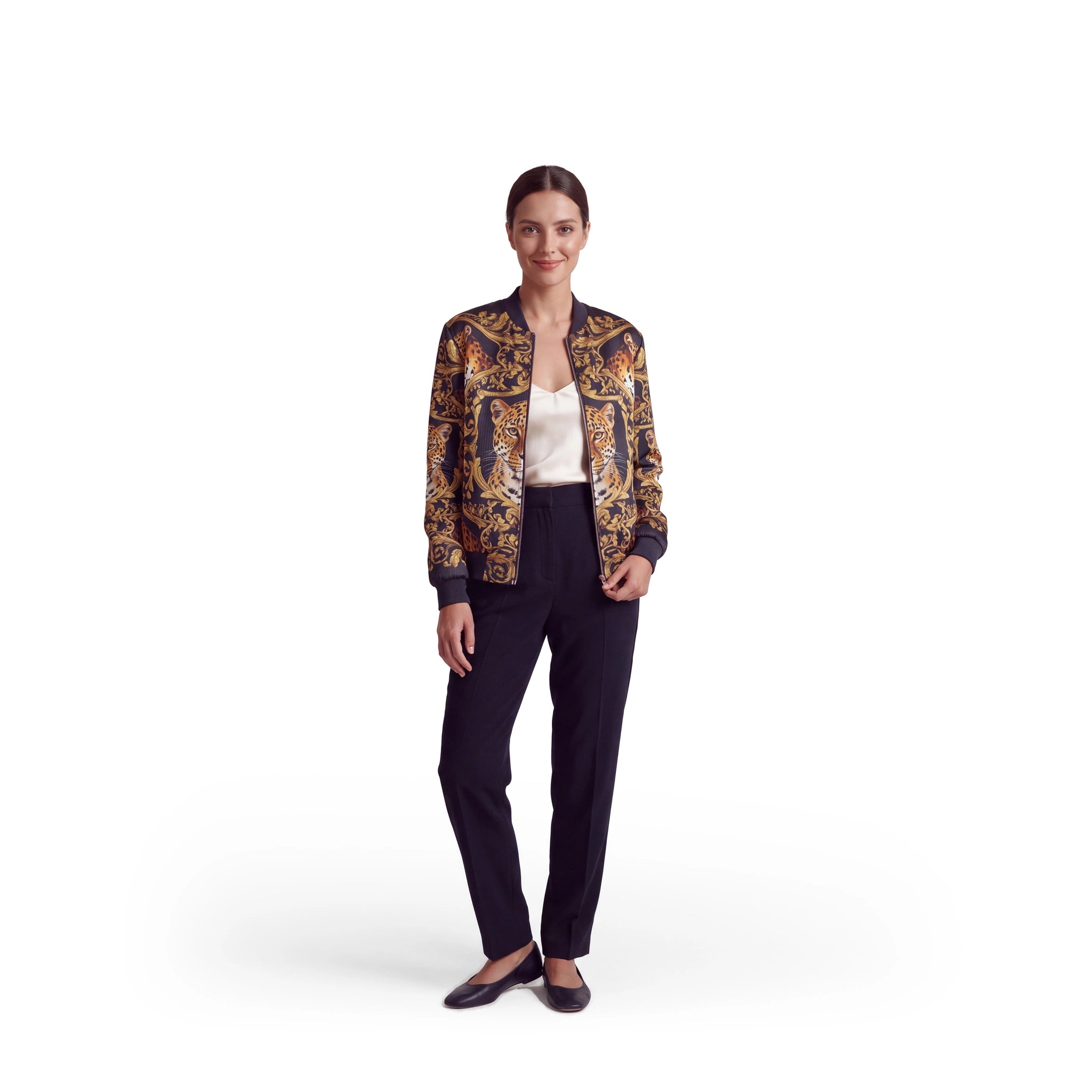Ordre du Leopard reversible silk bomber jacket, outer front view, leopard portraits and antique-gold scrollwork on charcoal