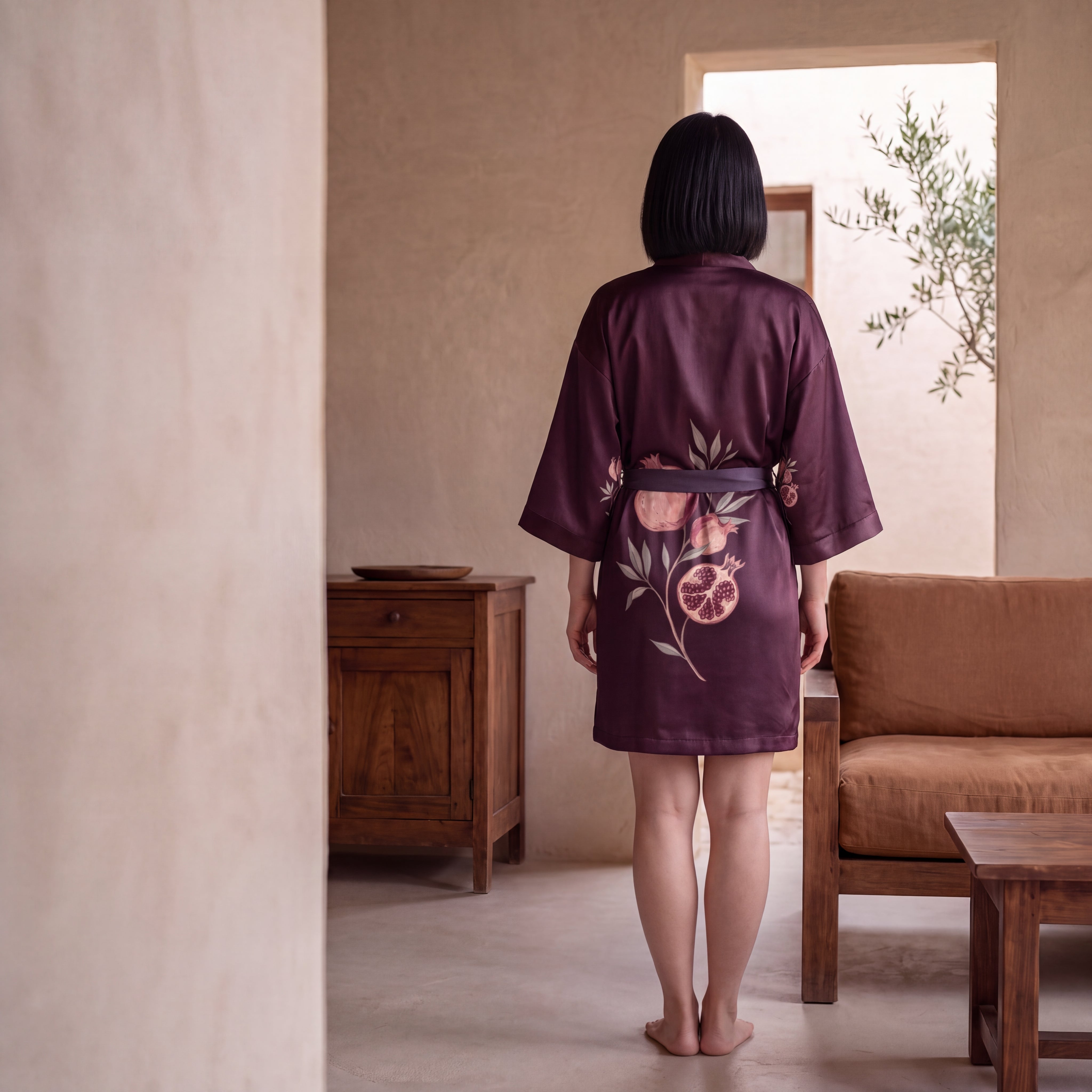 Verger de Grenat silk kimono, back view, blush pomegranates and leaves on garnet silk