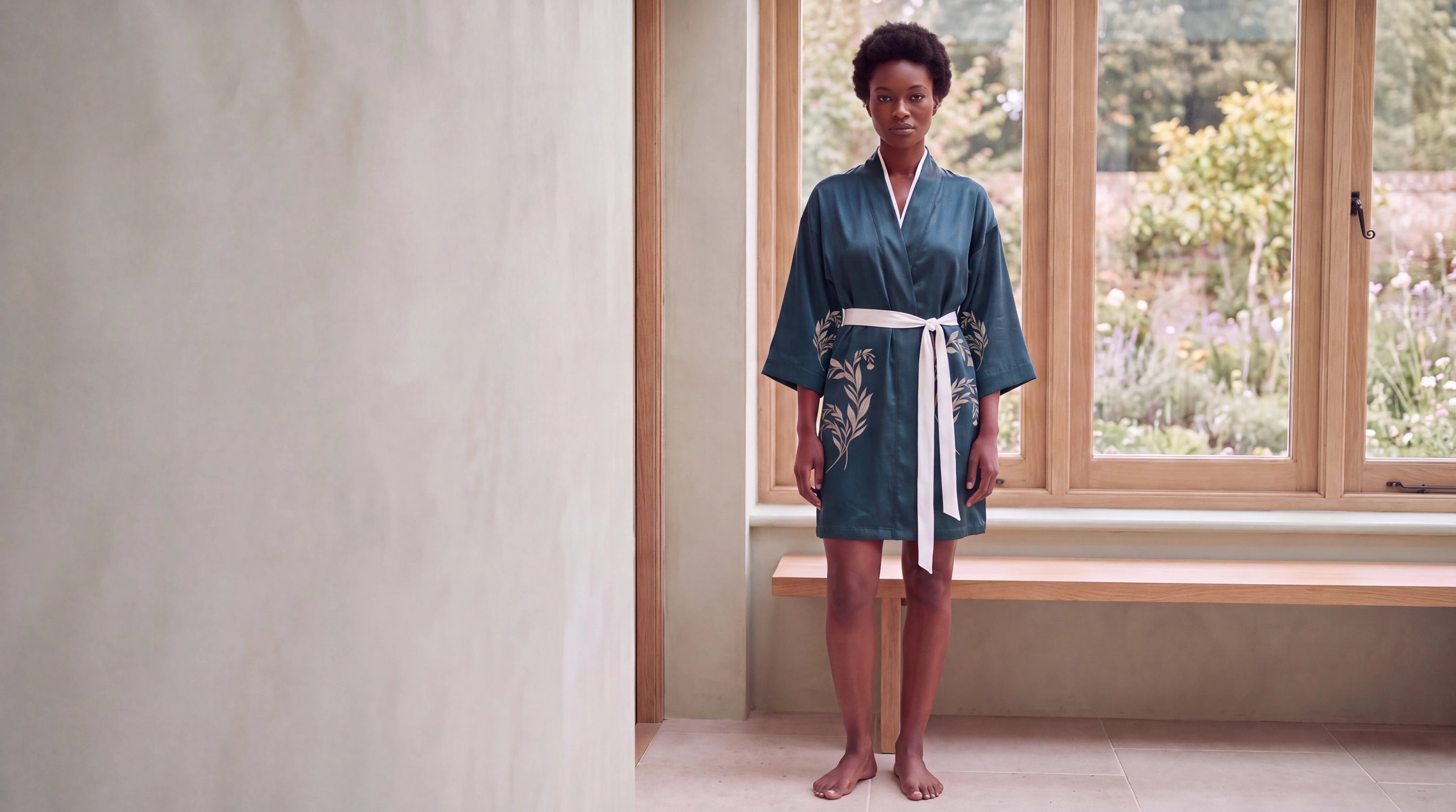 Jardin Graphique silk kimono, front view, ivory foliage on deep teal silk with a white tie
