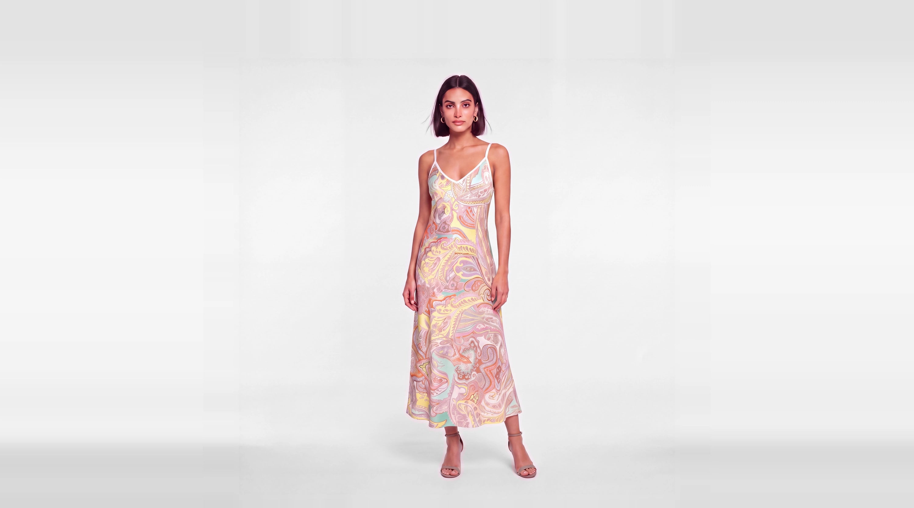 Aurore de Soie silk slip dress in pastel pink, apricot and mint paisley, front view