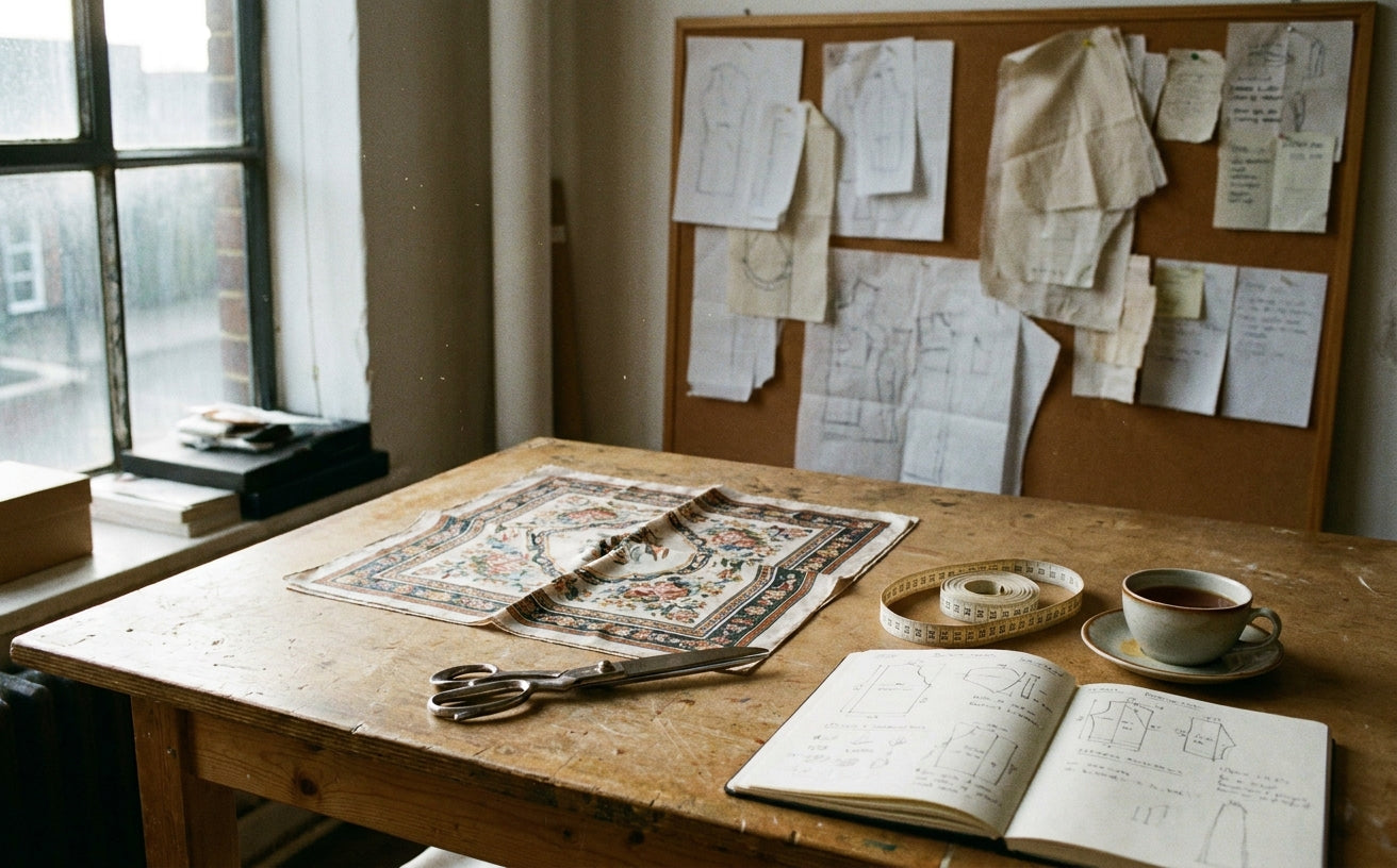 Atelier editorial illustration of fabric and pattern sketches