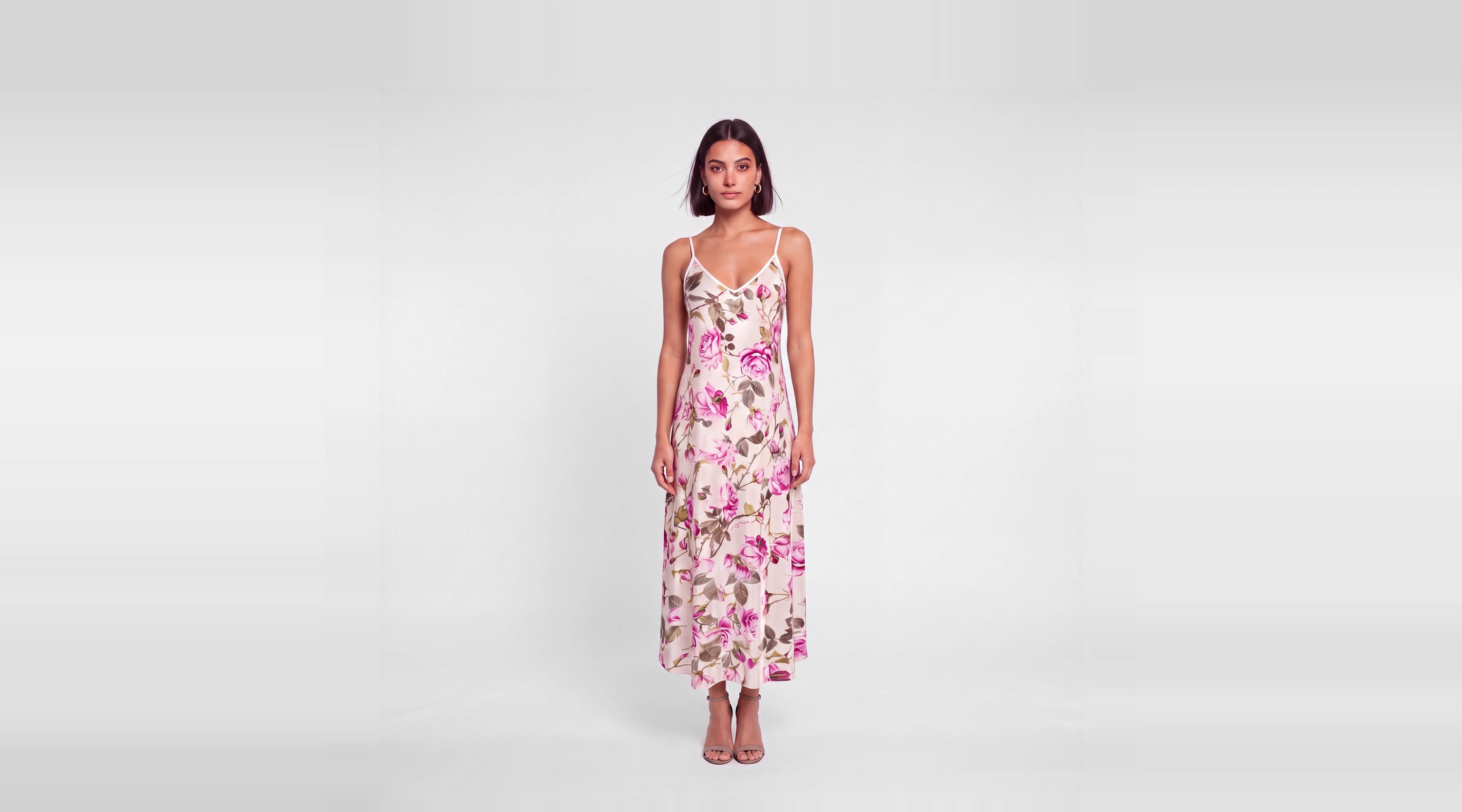 Roseraie de Soie silk slip dress in pink roses and olive leaves on ivory, front view