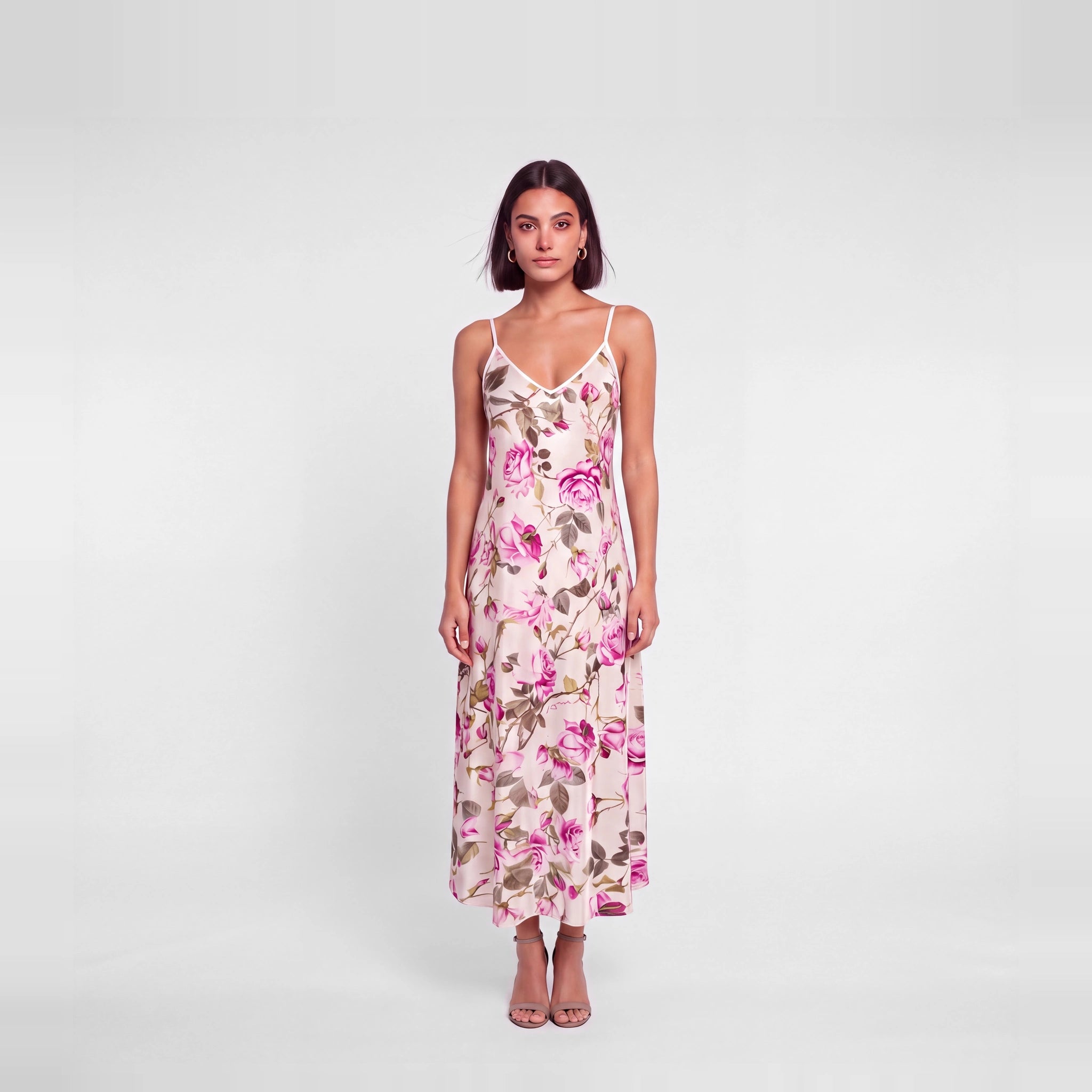 Roseraie de Soie silk slip dress in pink roses and olive leaves on ivory, front view