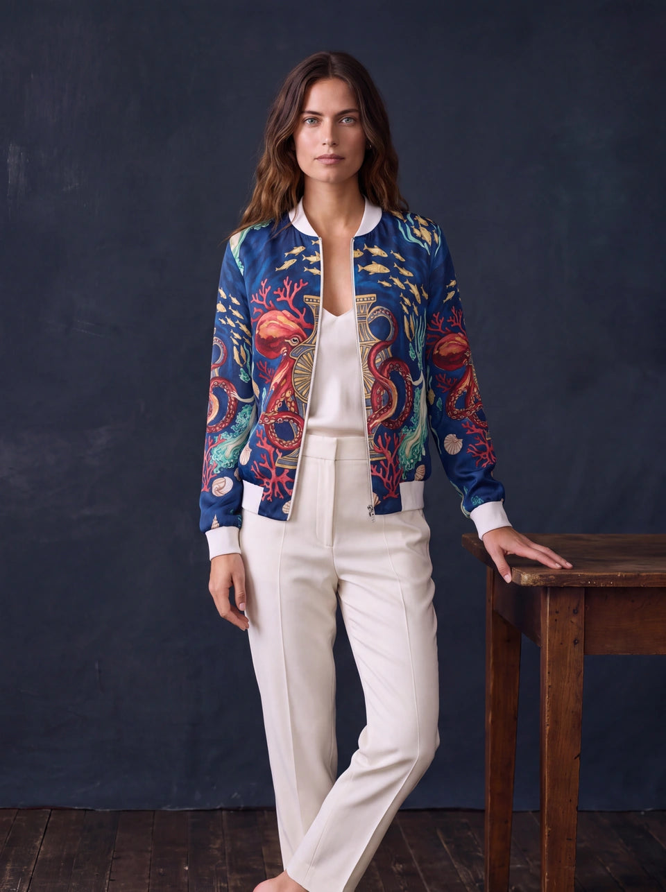 Atlantide silk bomber in ocean blue, coral and gold