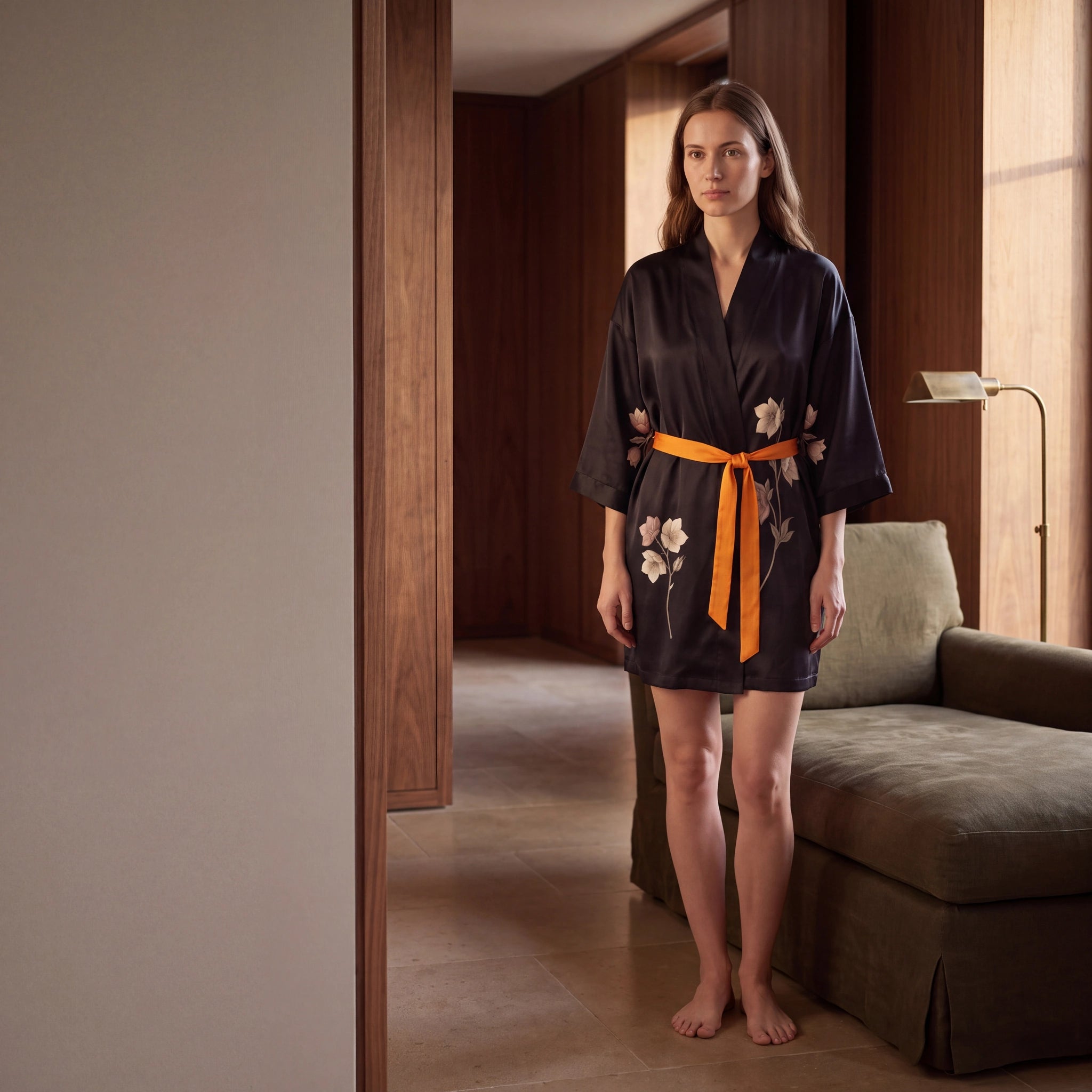 Nocturne Botanique silk kimono, front view, pale botanical stems on midnight silk with an orange tie
