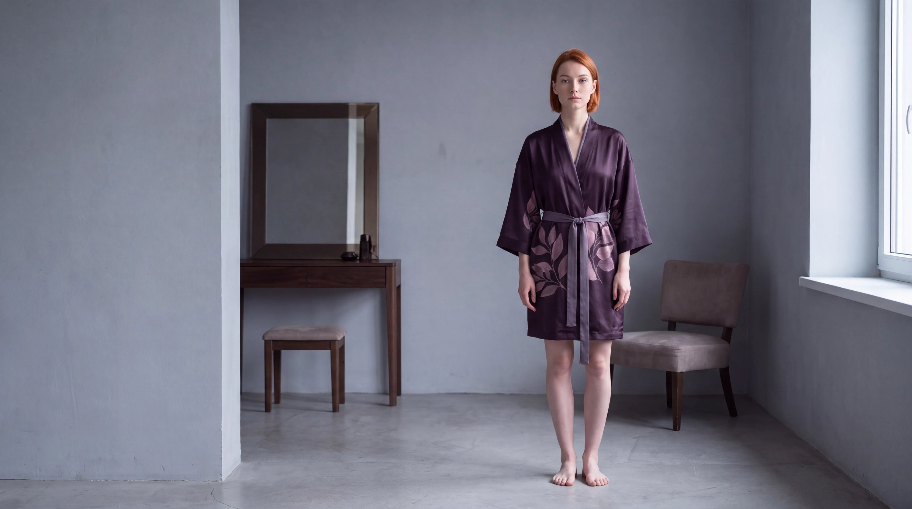 Ombre de Prune silk kimono, front view, soft lilac leaves on plum silk with a lilac tie