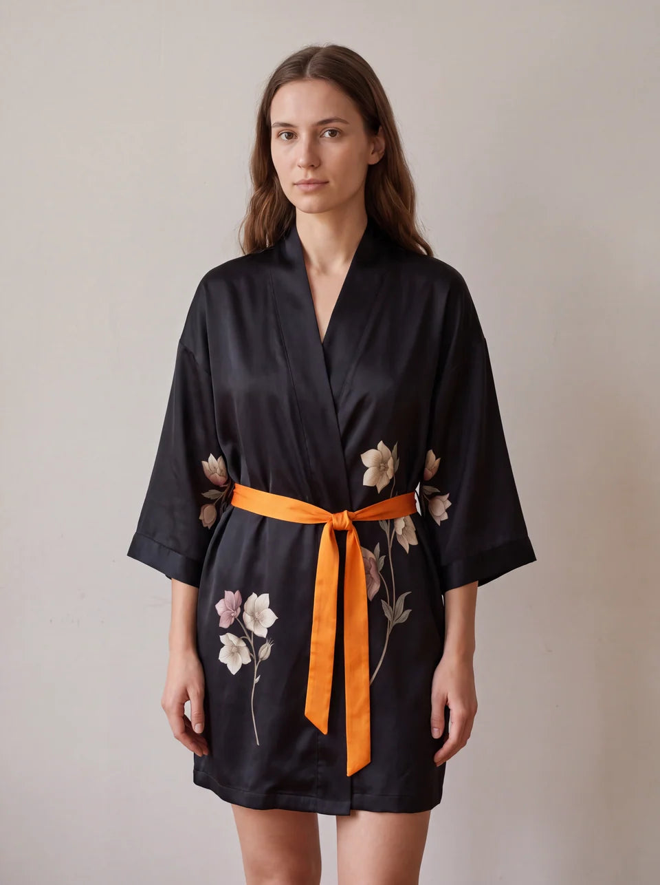 Nocturne Botanique short black silk kimono with a saffron tie, front view