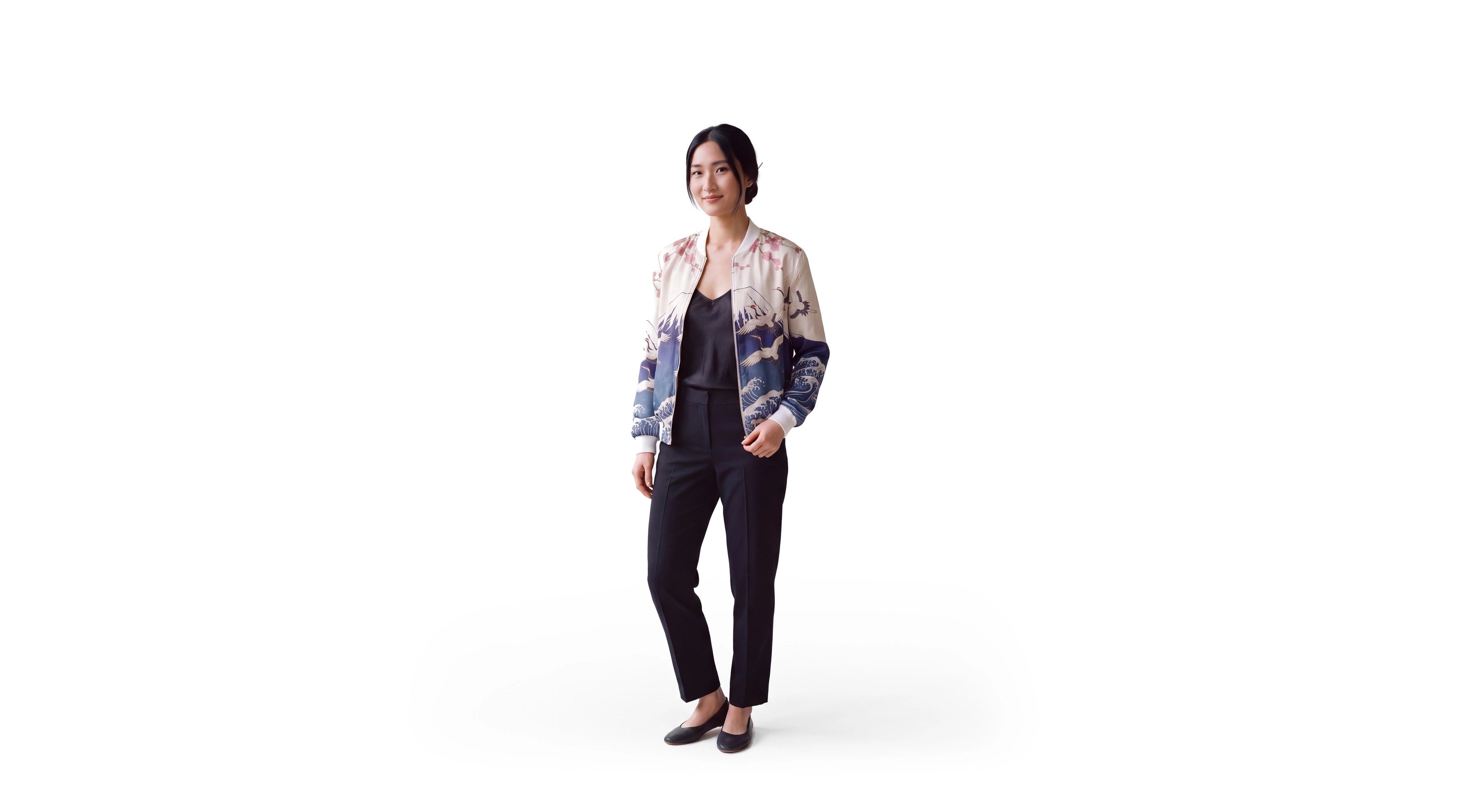 L'Estampe Japonaise reversible silk bomber jacket, outer front view, cranes, cherry blossom, Mount Fuji and indigo waves