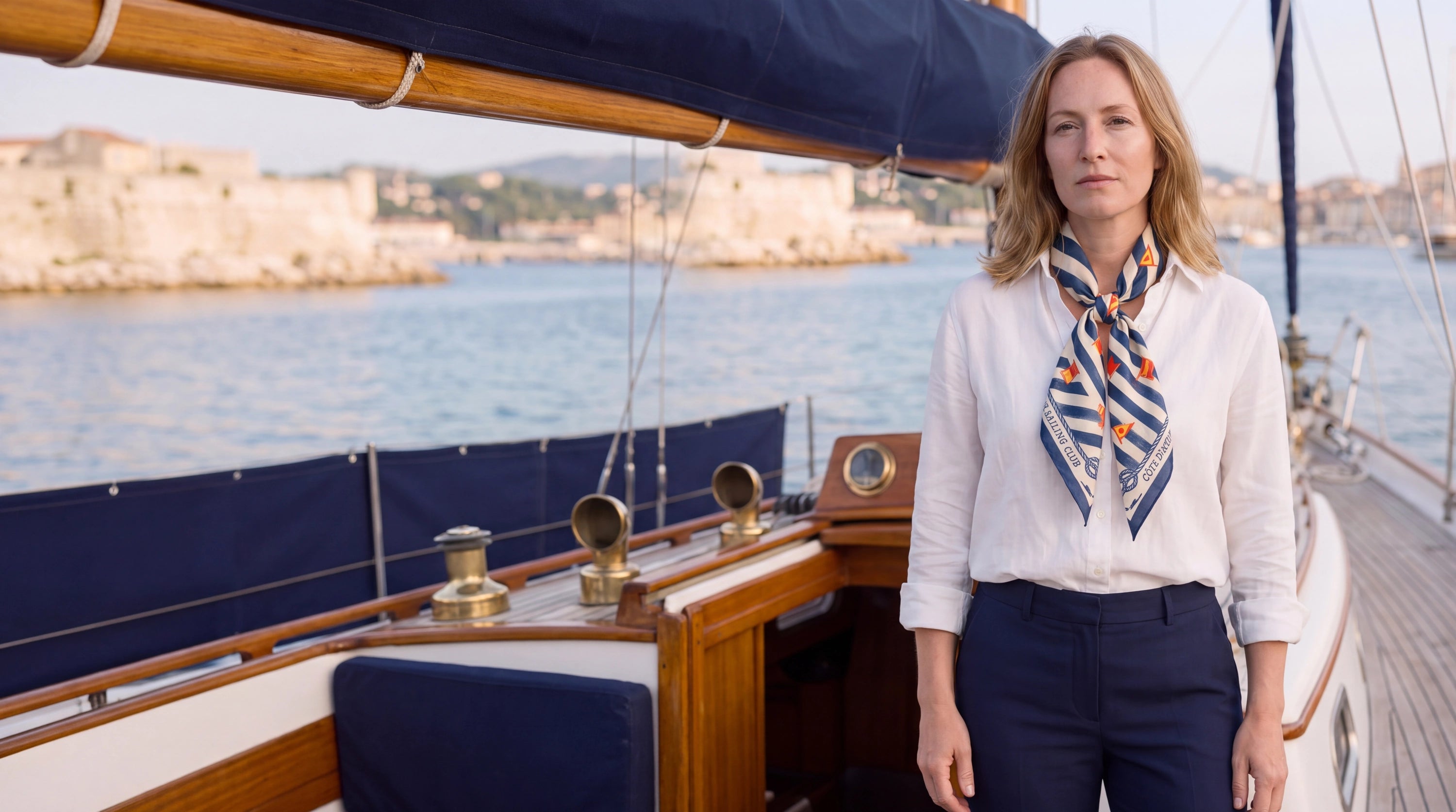 Carre Sailcloth Riviera silk scarf, front neck-tie view, navy and ivory stripes with nautical signal flags and rope details