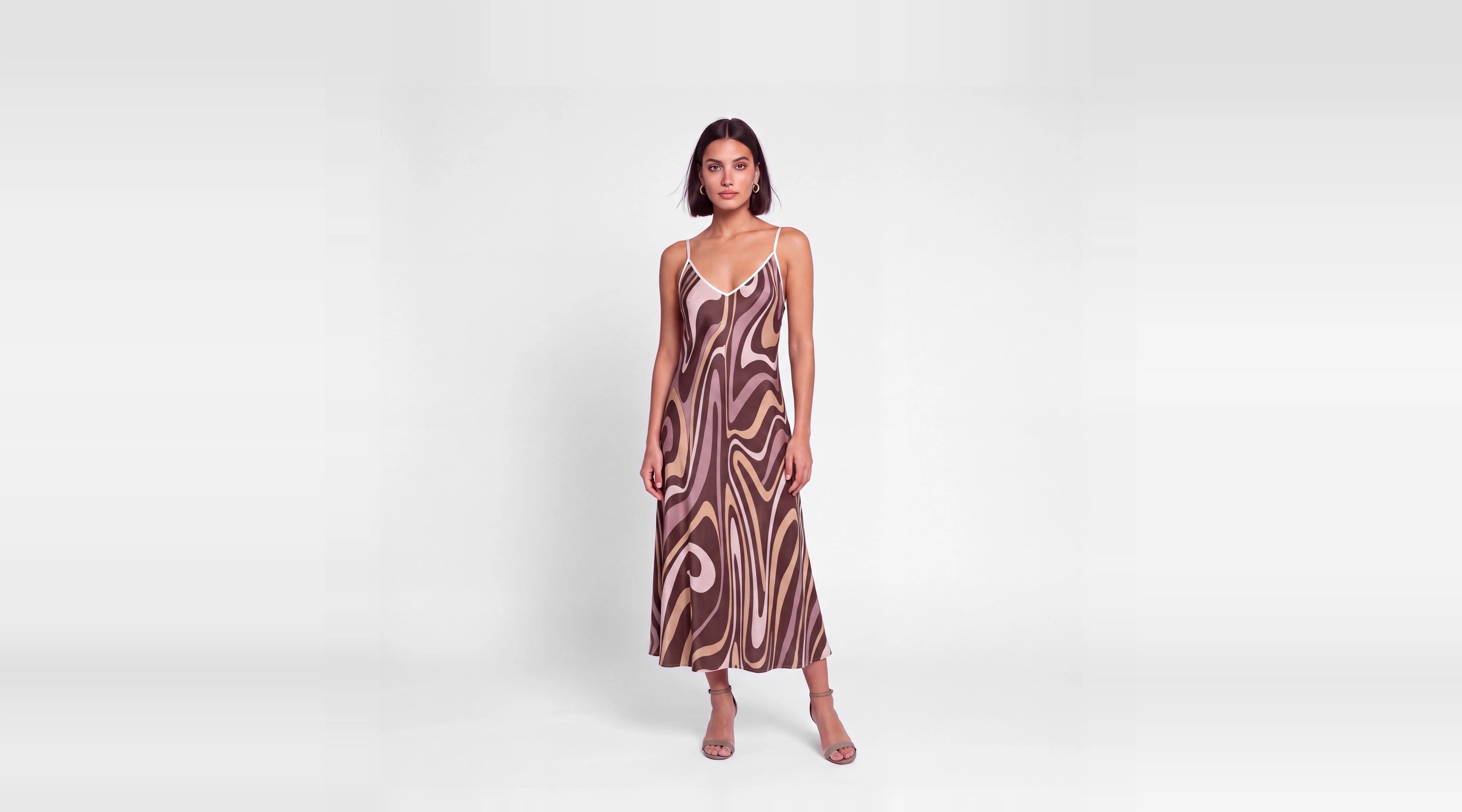Ondes de Soie silk slip dress in chocolate, cream and blush swirls, front view