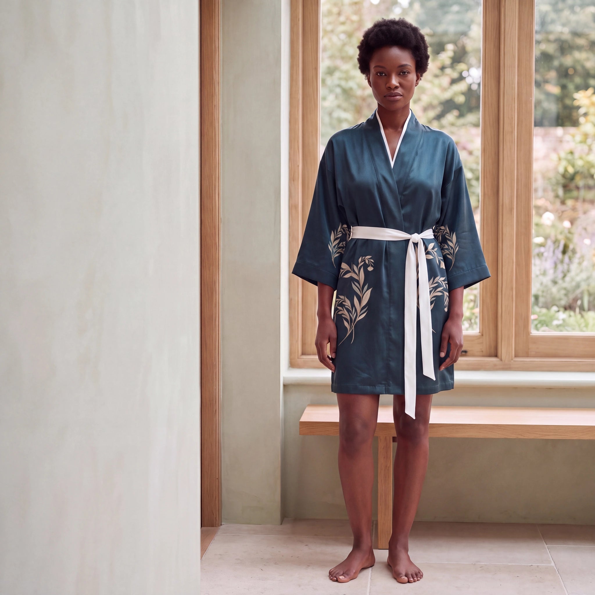 Jardin Graphique silk kimono, front view, ivory foliage on deep teal silk with a white tie