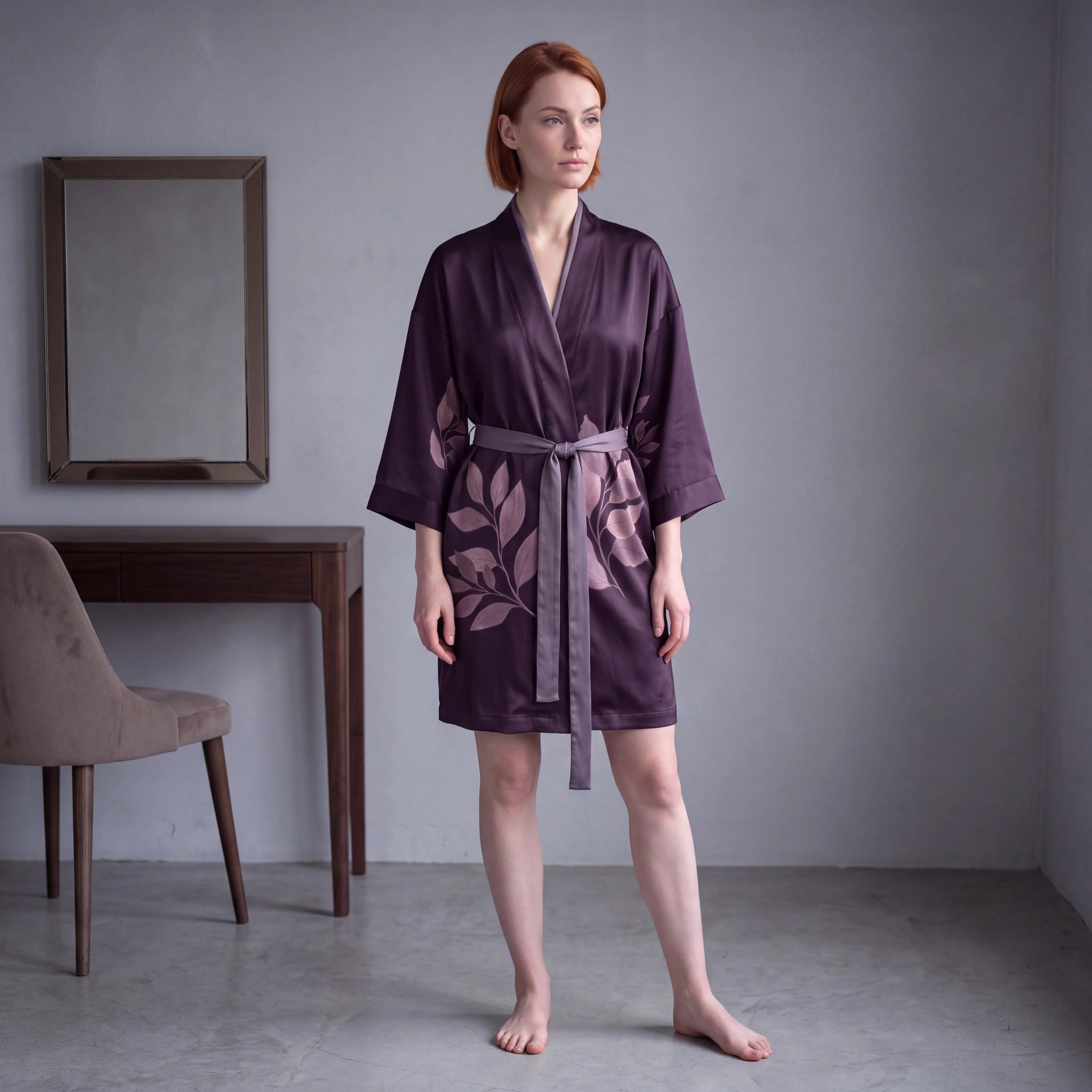 Ombre de Prune silk kimono, front view, soft lilac leaves on plum silk with a lilac tie