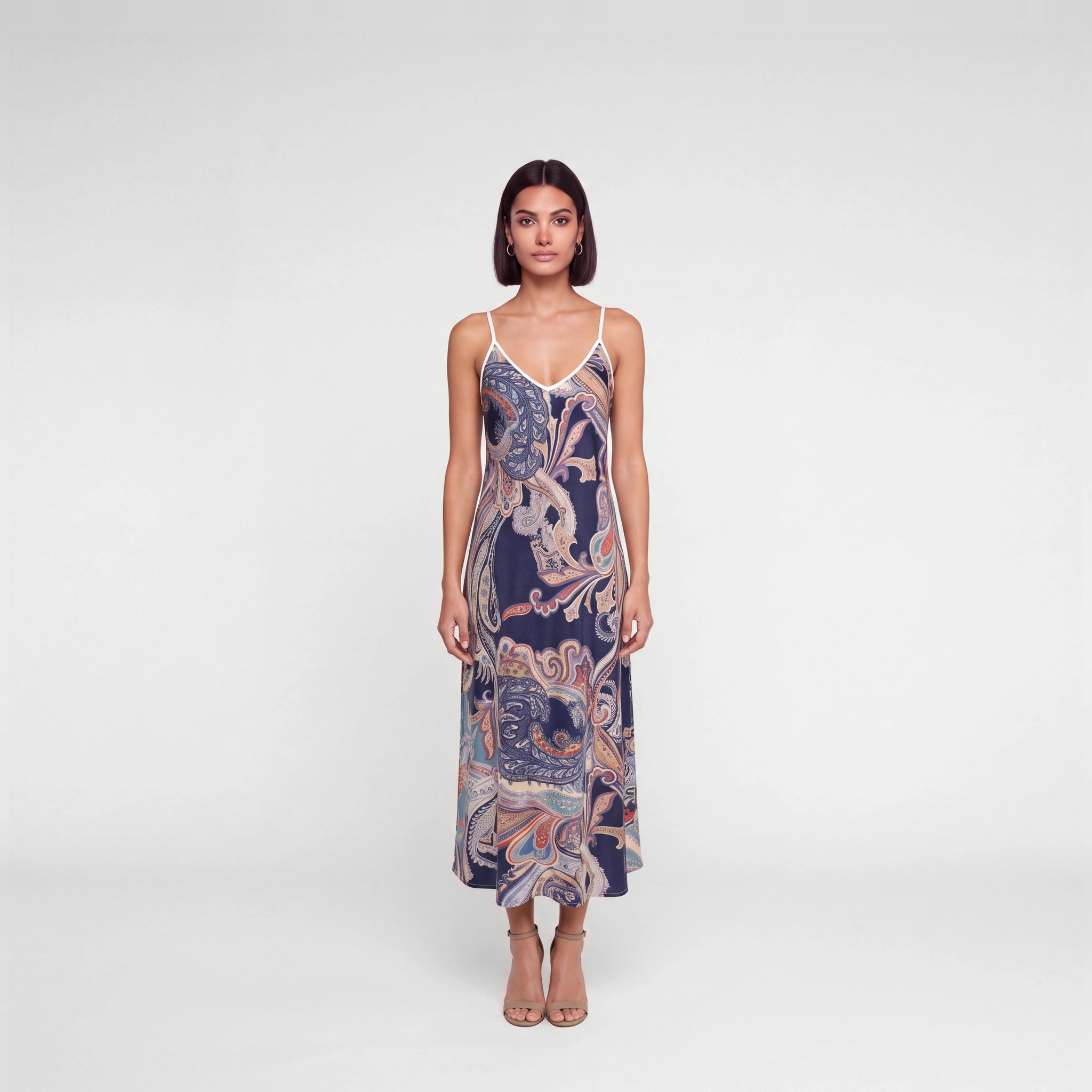 Maree d’Encre silk slip dress in navy and ivory paisley, front view