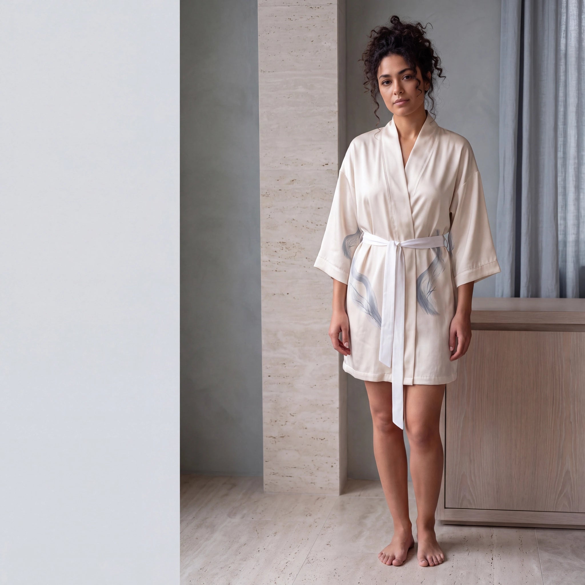 Brume de Nacre silk kimono, front view, mist-blue botanical strokes on pearl ivory silk