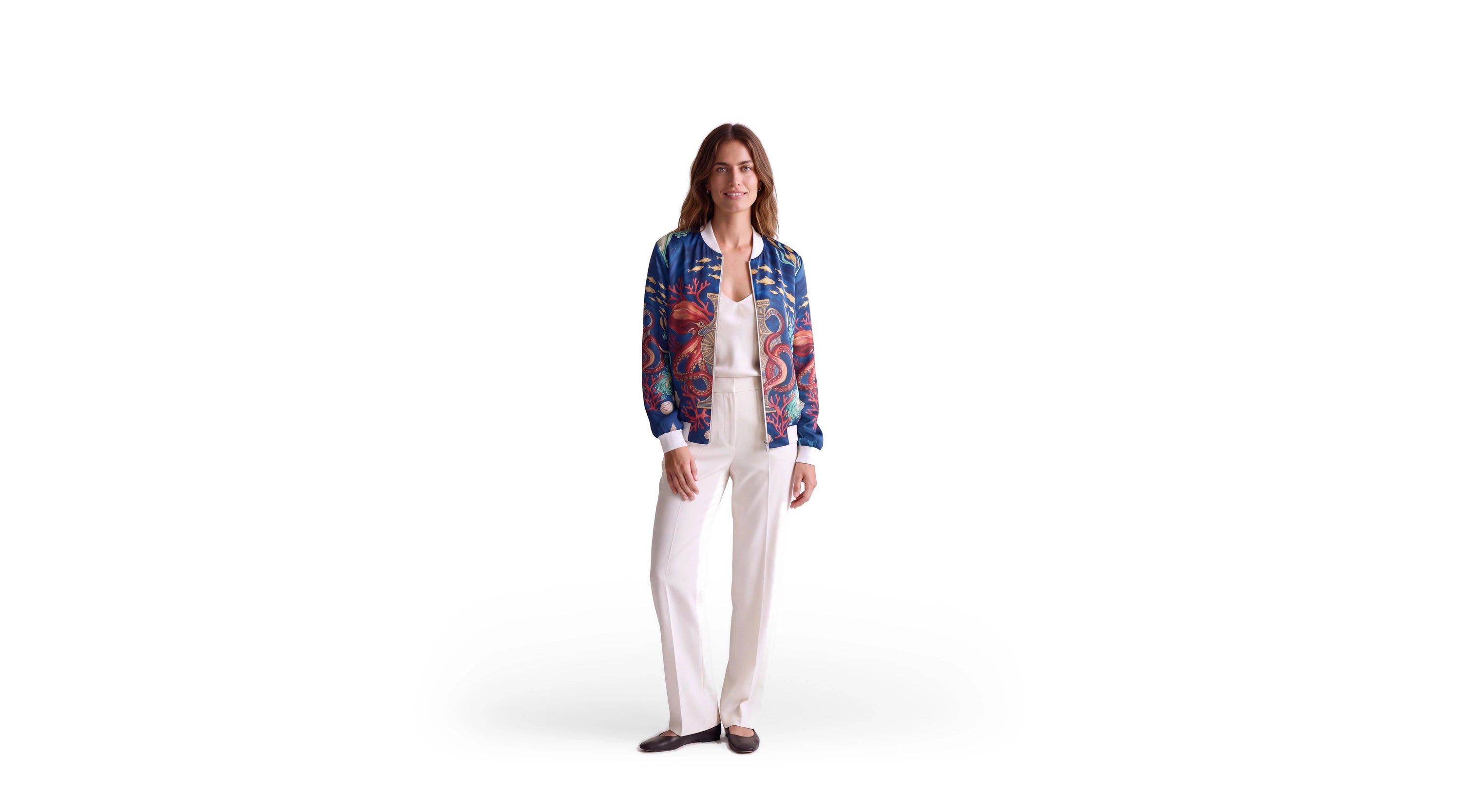 Atlantide Submersible reversible silk bomber jacket, outer front view, coral-red octopus and golden amphora on ocean blue