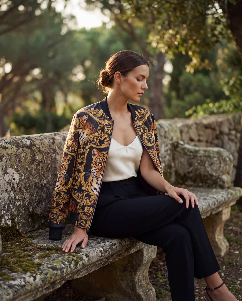 Ordre du Leopard bomber draped over the shoulders of a seated model in a quiet garden