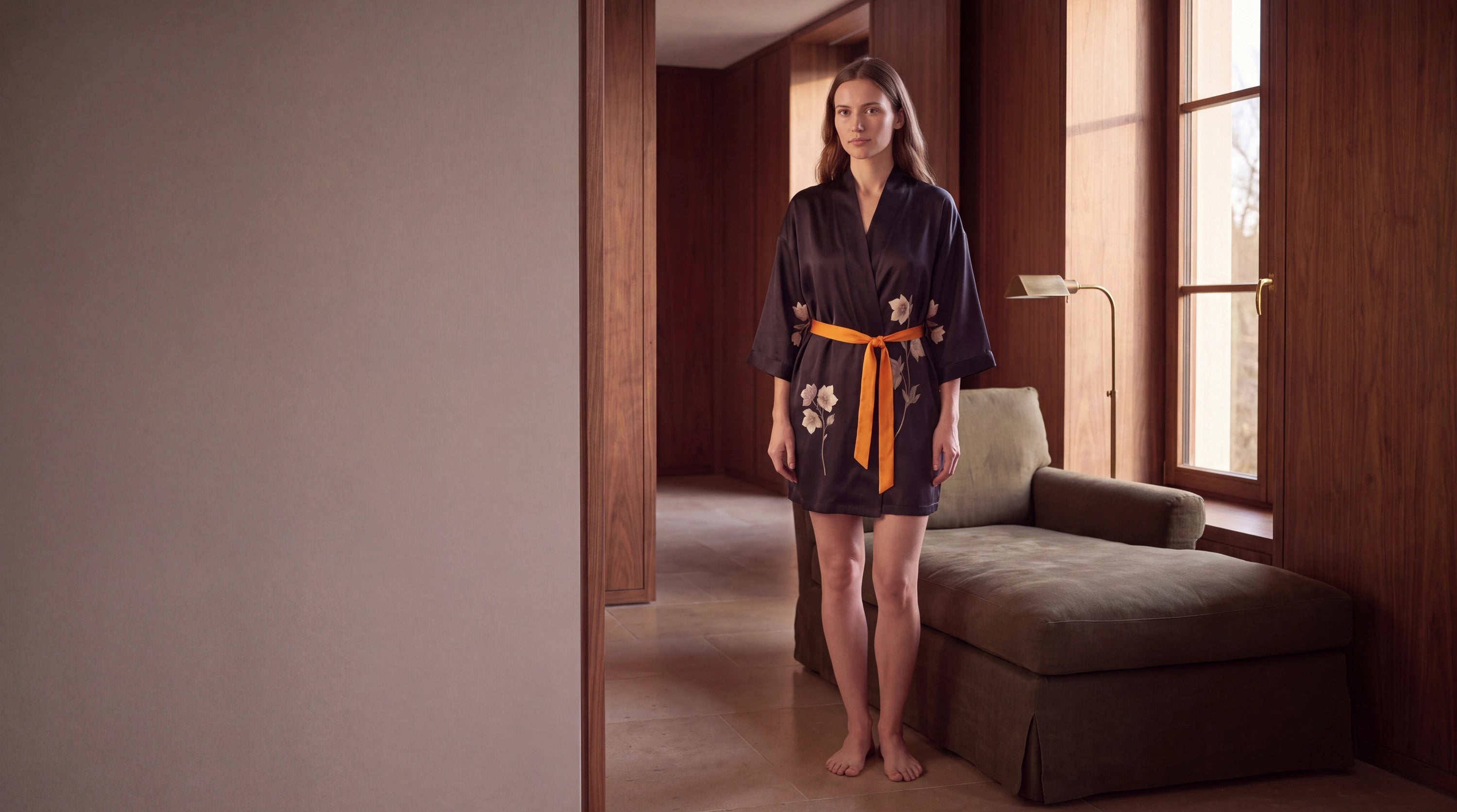 Nocturne Botanique silk kimono, front view, pale botanical stems on midnight silk with an orange tie