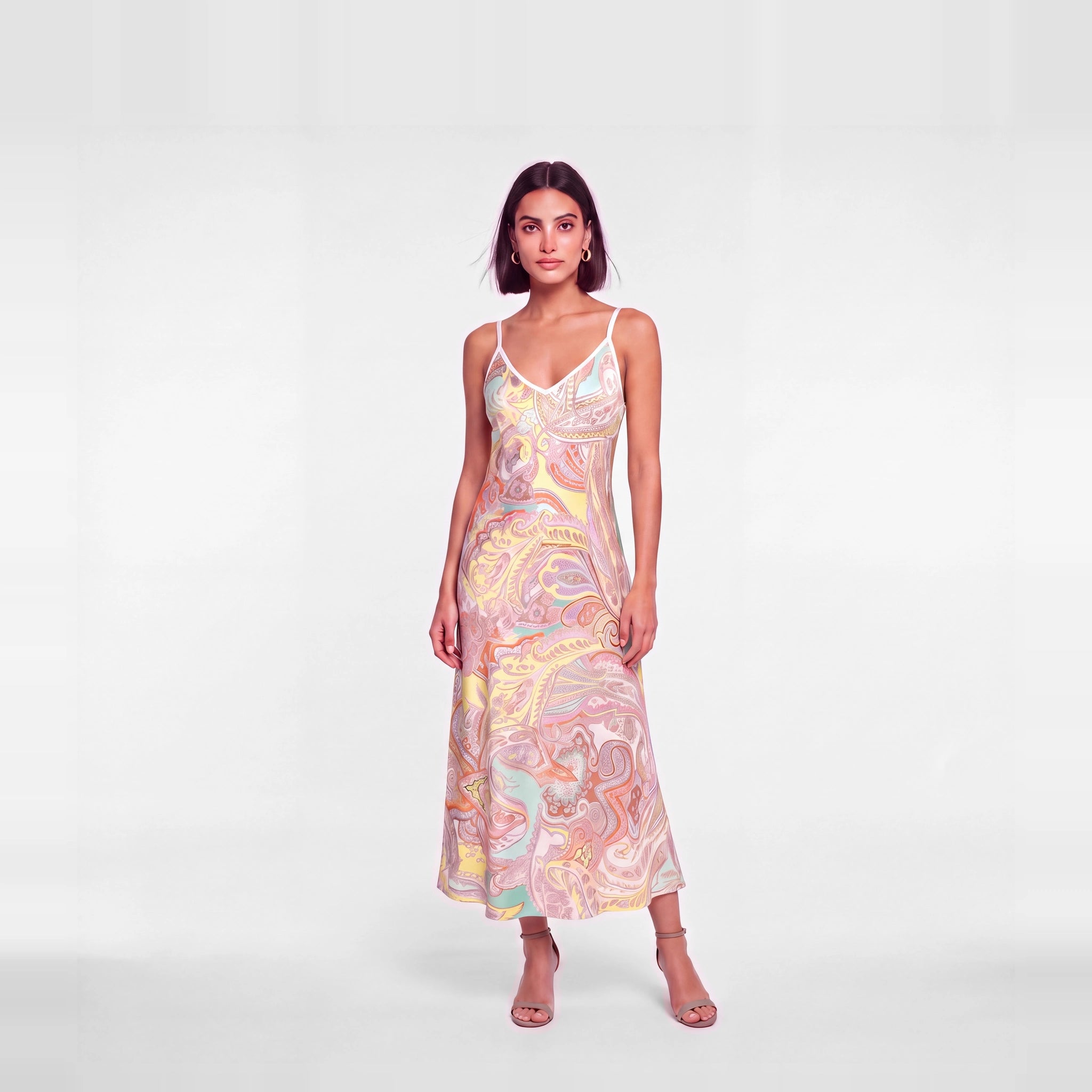 Aurore de Soie silk slip dress in pastel pink, apricot and mint paisley, front view